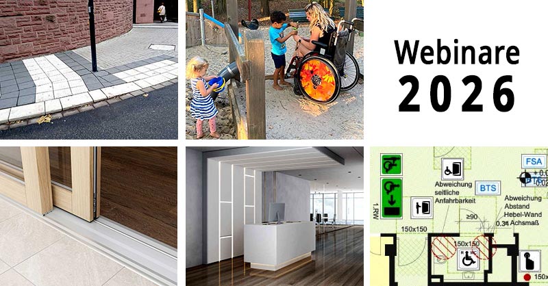 5 Bilder: Überquerungsstelle, Spielplatz, Wohnungseingangstür, Bürogebäude und Bauzeichnung