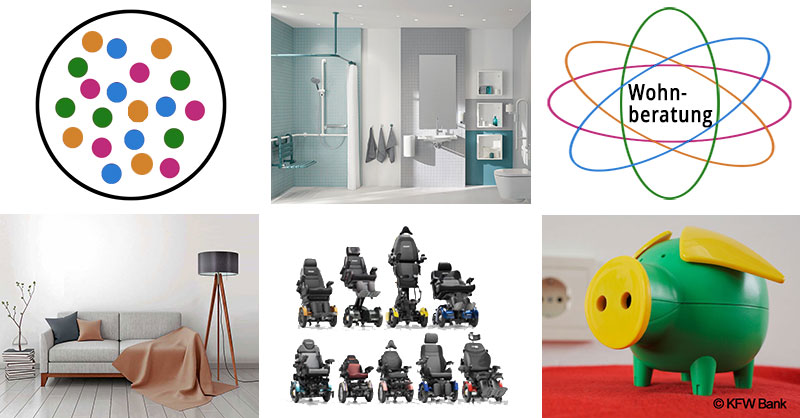 Bilder zur Wohnberatung: Grafik Inklusion, Bad, Grafik Vernetzung, Wohnzimmer, Rollstühle und Sparschwein