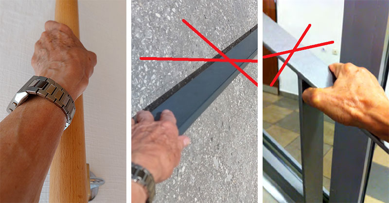 1 gut greifbarer runder Handlauf und 2 schlecht greifbare eckige Handläufe